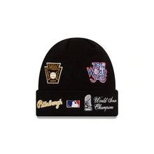 Load image into Gallery viewer, Pittsburgh Pirates New Era MLB Cuffed Knit Hat Black Crown/Cuff Team Color Cooperstown Logo Champions Side Patches