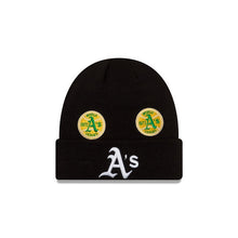 Load image into Gallery viewer, Oakland Athletics New Era MLB Cuffed Pom Knit Hat Black Crown/Visor White Logo World Series Champions Patches