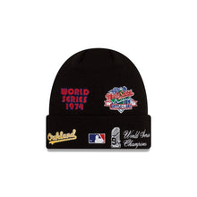 Load image into Gallery viewer, Oakland Athletics New Era MLB Cuffed Pom Knit Hat Black Crown/Visor White Logo World Series Champions Patches