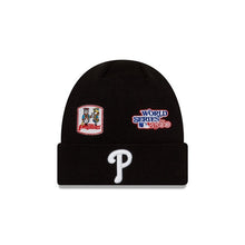 Load image into Gallery viewer, Philadelphia Phillies New Era MLB Cuffed Pom Knit Hat Black Crown/Visor White Cooperstown Logo World Series Champions Patches