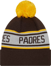 Load image into Gallery viewer, (Youth) San Diego Padres New Era MLB Cuffed Pom Knit Hat Brown/White Crown Yellow Team Color Logo (Repeat)