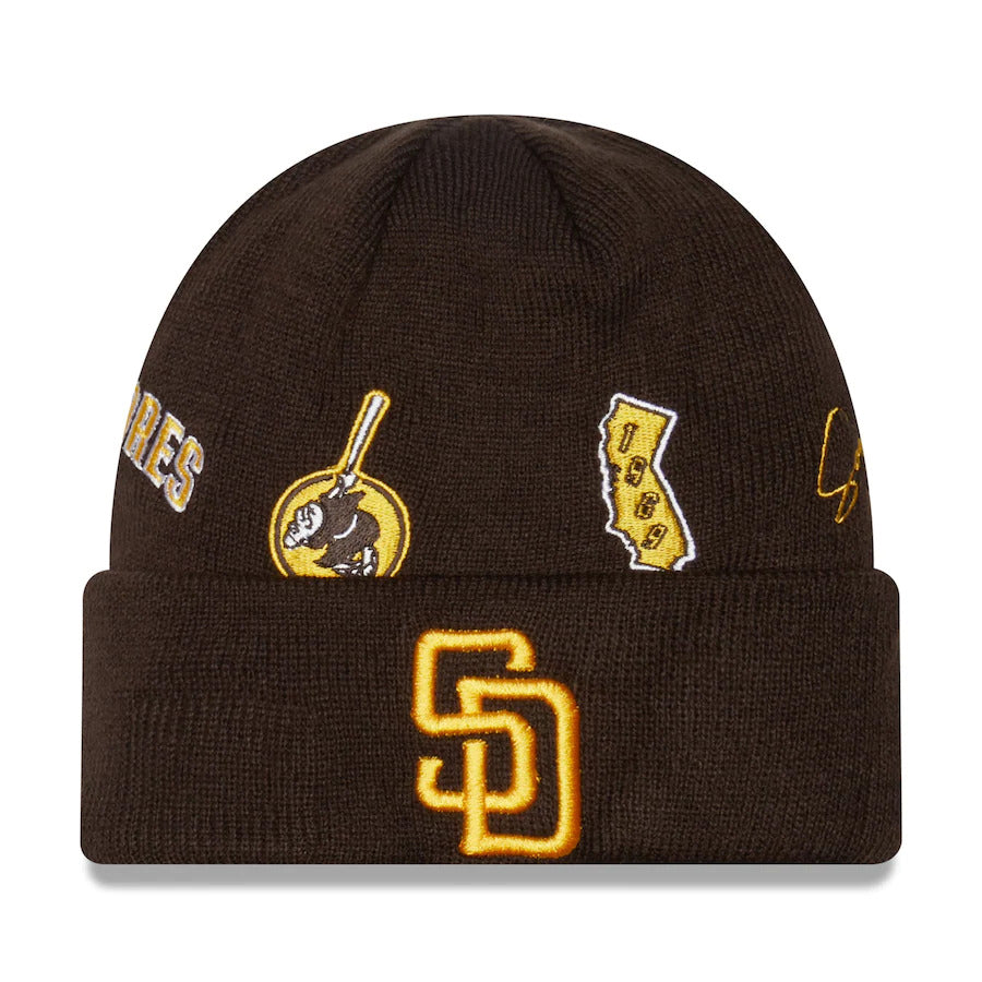 (Youth) San Diego Padres New Era MLB Cuffed Pom Knit Hat Brown/White Crown Yellow Team Color Logo (Repeat)