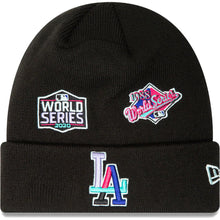 Load image into Gallery viewer, Los Angeles Dodgers New Era MLB Cuffed Knit Beanie Hat Black Crown/Visor Multi-Color Logo With Multiple Patches (Polar Lights)