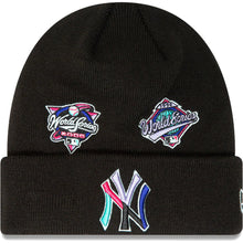 Load image into Gallery viewer, New York Yankees New Era MLB Cuffed Knit Beanie Hat Black Crown/Visor Multi-Color Logo With Multiple Patches (Polar Lights)