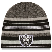 Load image into Gallery viewer, Las Vegas Raiders New Era Uncuffed Skull Knit Beanie Hat Black/Gray Striped Crown/Visor Team Color Logo