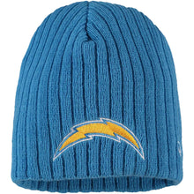 Load image into Gallery viewer, (Infant/Toddler) Los Angeles Chargers New Era NFL Uncuffed Skull Mini Fan Knit Beanie Hat Sky Blue Crown/Visor Team Color Logo