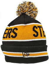 Load image into Gallery viewer, Pittsburgh Steelers New Era NFL Cuffed Pom Knit Beanie Hat Black/Yellow/White Crown/Visor Team Color Logo (The Coach)
