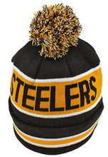 Load image into Gallery viewer, Pittsburgh Steelers New Era NFL Cuffed Pom Knit Beanie Hat Black/Yellow/White Crown/Visor Team Color Logo (The Coach)