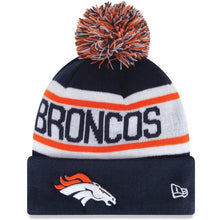 Load image into Gallery viewer, Denver Broncos New Era NFL Cuffed Pom Knit Hat Navy Blue/Orange/White Crown/Visor Team Color Logo (Biggest Fan Redux)