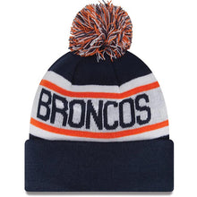 Load image into Gallery viewer, Denver Broncos New Era NFL Cuffed Pom Knit Hat Navy Blue/Orange/White Crown/Visor Team Color Logo (Biggest Fan Redux)