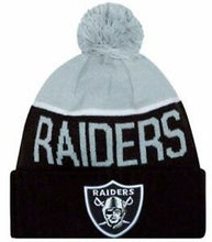 Load image into Gallery viewer, Oakland Raiders New Era NFL Cuffed Pom Knit 2015 Sideline Hat Gray/Black Crown Black Cuff Team Color Logo