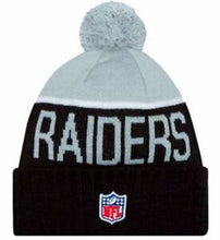 Load image into Gallery viewer, Oakland Raiders New Era NFL Cuffed Pom Knit 2015 Sideline Hat Gray/Black Crown Black Cuff Team Color Logo