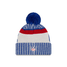 Load image into Gallery viewer, New York GIANTS New Era Cuffed Pom 2017 Sideline knit Hat Team Color Light Navy Blue Crown/Cuff Blue/Red Logo