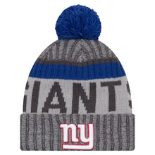 Load image into Gallery viewer, New York Giants New Era Cuffed Pom Knit Beanie Hat Dark Gray/ Royal Blue Crown/Visor Team Color Logo (2017 Sideline)