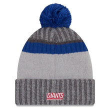 Load image into Gallery viewer, New York Giants New Era Cuffed Pom Knit Beanie Hat Dark Gray/ Royal Blue Crown/Visor Team Color Logo (2017 Sideline)