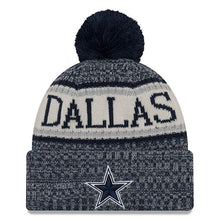 Load image into Gallery viewer, Dallas Cowboys New Era NFL Cuffed Pom Knit Hat Navy Blue/White Crown/Visor Team Color Logo (2018 Sideline)
