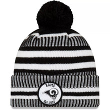 Load image into Gallery viewer, Los Angeles Rams New Era NFL Cuffed Pom Knit Beanie Hat Black/White Crown/Visor Team Color Logo (2019 Sideline)