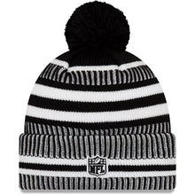 Load image into Gallery viewer, Los Angeles Rams New Era NFL Cuffed Pom Knit Beanie Hat Black/White Crown/Visor Team Color Logo (2019 Sideline)