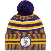 Load image into Gallery viewer, Minnesota Vikings New Era NFL Cuffed Pom Knit Beanie Hat Yellow/Purple Crown/Visor Team Color Logo (2019 Sideline)