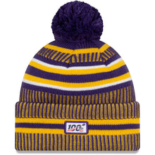 Load image into Gallery viewer, Minnesota Vikings New Era NFL Cuffed Pom Knit Beanie Hat Yellow/Purple Crown/Visor Team Color Logo (2019 Sideline)