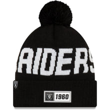Load image into Gallery viewer, Oakland Raiders New Era NFL Road Cuffed Pom Knit Beanie Hat Black/White Crown/Visor Team Color Logo (2019 Sideline)