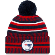 Load image into Gallery viewer, New England Patriots New Era NFL Cuffed Pom Knit Beanie Hat Navy Blue/Red Crown/Visor Team Color Logo (2019 Sideline)