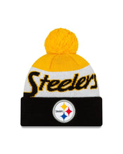 Load image into Gallery viewer, Pittsburgh Steelers New Era NFL Cuffed Pom Knit Beanie Hat Black/Yellow/White Crown/Visor Script A3 Team Color Logo
