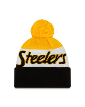 Load image into Gallery viewer, Pittsburgh Steelers New Era NFL Cuffed Pom Knit Beanie Hat Black/Yellow/White Crown/Visor Script A3 Team Color Logo