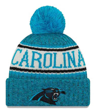 Load image into Gallery viewer, Carolina Panthers New Era NFL 2018 Sideline Cuffed Pom Knit Hat Aqua Blue Crown/Visor Team Color Logo