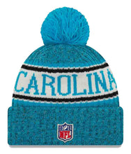 Load image into Gallery viewer, Carolina Panthers New Era NFL 2018 Sideline Cuffed Pom Knit Hat Aqua Blue Crown/Visor Team Color Logo