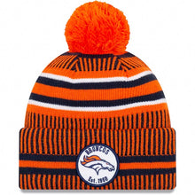 Load image into Gallery viewer, Denver Broncos New Era NFL 2019 Sideline Cuffed Pom Knit Hat Navy Blue/Orange Crown/Visor Team Color Logo