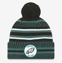 Load image into Gallery viewer, Philadelphia Eagles New Era NFL 2019 Sideline Cuffed Pom Knit Hat Dark Green/Black/White Crown/Visor Team Color Logo