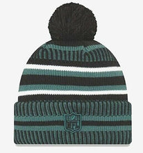 Load image into Gallery viewer, Philadelphia Eagles New Era NFL 2019 Sideline Cuffed Pom Knit Hat Dark Green/Black/White Crown/Visor Team Color Logo