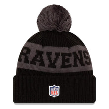 Load image into Gallery viewer, Baltimore Ravens New Era NFL Cuffed Pom Knit Beanie Hat Black/Gray/Purple Crown/Visor Team Color Logo (2020 Sideline)