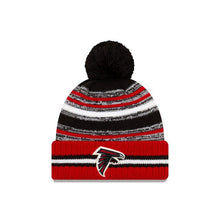 Load image into Gallery viewer, Atlanta Falcons New Era NFL Cuffed 2021 Sideline Sport Official Pom Knit Black/White/Red Team Color Logo