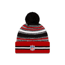Load image into Gallery viewer, Atlanta Falcons New Era NFL Cuffed 2021 Sideline Sport Official Pom Knit Black/White/Red Team Color Logo
