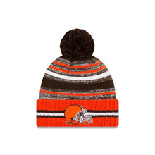 Load image into Gallery viewer, Cleveland Browns New Era NFL 2021 Sideline Sport Official Pom Cuffed Knit Beanie Orange/Brown Team Color