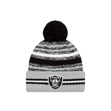 Load image into Gallery viewer, Las Vegas Raiders New Era NFL 2021 Sideline Sport Official Pom Cuffed Knit Beanie Gray/Black Team Color