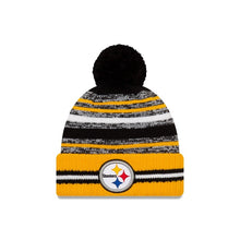 Load image into Gallery viewer, Pittsburgh Steelers New Era NFL Cuffed Pom Knit 2021 Sideline Hat Yellow/Black/White Crown/Cuff Team Color Logo