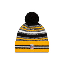 Load image into Gallery viewer, Pittsburgh Steelers New Era NFL Cuffed Pom Knit 2021 Sideline Hat Yellow/Black/White Crown/Cuff Team Color Logo