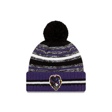 Load image into Gallery viewer, Baltimore Ravens New Era NFL 2021 Sideline Sport Official Pom Cuffed Knit Beanie Purple/Black Team Color