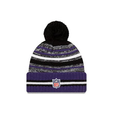 Load image into Gallery viewer, Baltimore Ravens New Era NFL 2021 Sideline Sport Official Pom Cuffed Knit Beanie Purple/Black Team Color