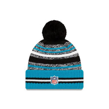Load image into Gallery viewer, Carolina Panthers New Era NFL 2021 Sideline Sport Official Pom Cuffed Knit Beanie Teal/Black Team Color