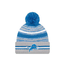 Load image into Gallery viewer, Detroit Lions New Era NFL 2021 Sideline Sport Official Pom Cuffed Knit Beanie Gray/Sky Blue Team Color