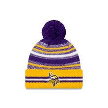 Load image into Gallery viewer, Minnesota Vikings New Era NFL 2021 Sideline Sport Official Pom Cuffed Knit Beanie Yellow/Purple Team Color