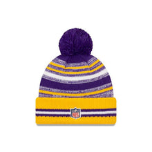 Load image into Gallery viewer, Minnesota Vikings New Era NFL 2021 Sideline Sport Official Pom Cuffed Knit Beanie Yellow/Purple Team Color