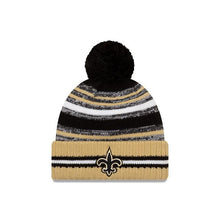 Load image into Gallery viewer, New Orleans Saints New Era NFL 2021 Sideline Sport Official Pom Cuffed Knit Beanie Wheat/Black Team Color
