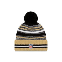 Load image into Gallery viewer, New Orleans Saints New Era NFL 2021 Sideline Sport Official Pom Cuffed Knit Beanie Wheat/Black Team Color