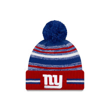 Load image into Gallery viewer, New York Giants New Era NFL 2021 Sideline Sport Official Cuffed Pom Knit Royal Blue/Red/White Team Color Logo