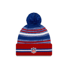 Load image into Gallery viewer, New York Giants New Era NFL 2021 Sideline Sport Official Cuffed Pom Knit Royal Blue/Red/White Team Color Logo